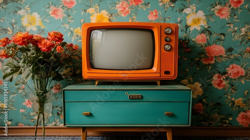 Retro orange television set on teal cabinet against floral vintage wallpaper background photo