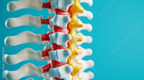 A close-up view of a colorful spinal model, highlighting vertebrae in various colors against a blue background, showcasing anatomy and educational details.