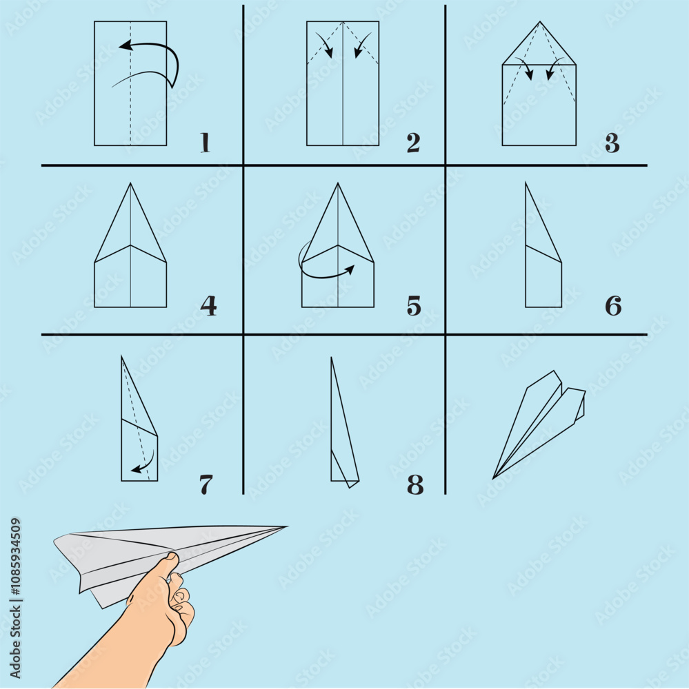 How to make Paper Airplane Instructions. Paper plane tutorial step by step. Vector plane. Educational game for kids. Visual game.
