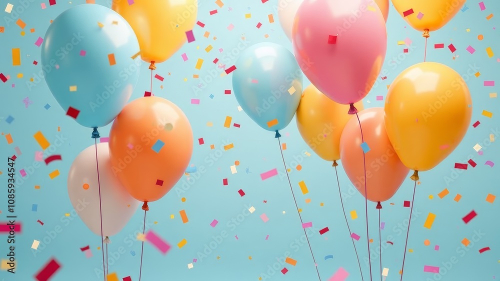 Colorful balloons with confetti on a blue plain background for a birthday Colorful balloons with confetti on a blue plain background for a birthday