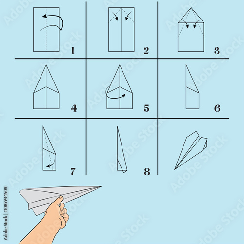 How to make Paper Airplane Instructions. Paper plane tutorial step by step. Vector plane. Educational game for kids. Visual game.
