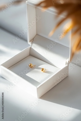 A stunning pair of gold earrings is elegantly showcased in a sleek white minimalist gift box, perfectly highlighting an exquisite blend of simplicity and sophistication, making it truly captivating