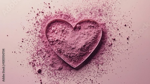 A heart shape made from pink powder sits against a soft pink background, creating a romantic and artistic display.