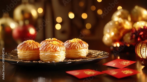 Traditional Chinese pastries and red envelopes on a table, decorated with golden accents for the New Year