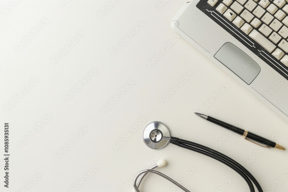 Stethoscope, Pen, and Laptop Keyboard on White Surface Stethoscope, Pen, and Laptop Keyboard on White Surface