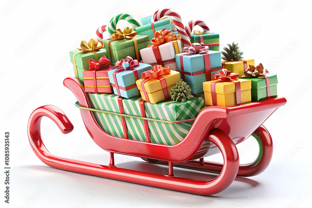 A festive red sleigh filled with colorful wrapped gifts, candy canes, and holiday decorations, symbolizing Christmas cheer and giving. A festive red sleigh filled with colorful wrapped gifts, candy canes, and holiday decorations, symbolizing Christmas cheer and giving.