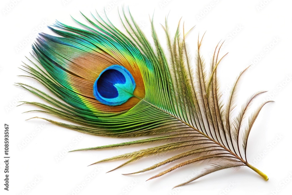 Obraz premium Colorful peacock feather on white background