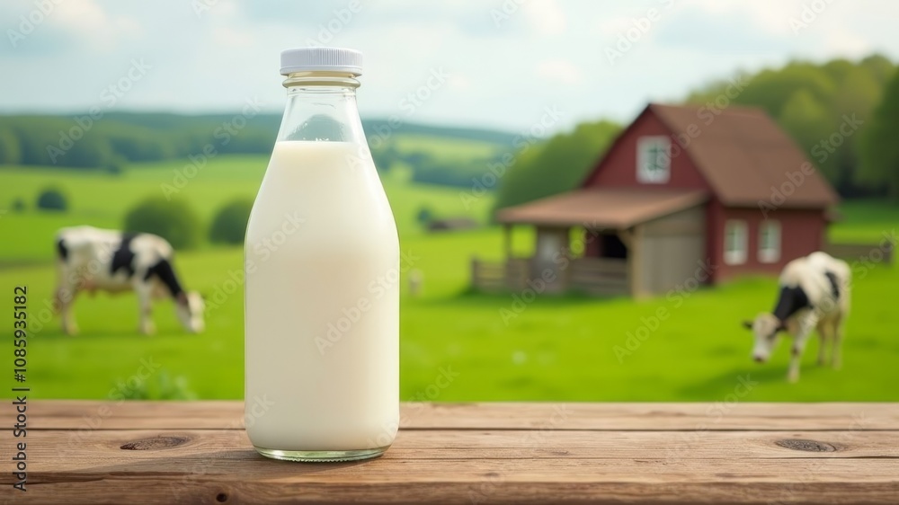 Milk in glass bottle on wooden table with cows grazing in background. Rural dairy farm with green fields and rustic barn Milk in glass bottle on wooden table with cows grazing in background. Rural dairy farm with green fields and rustic barn