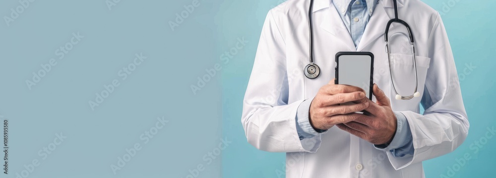 Doctor Using Smartphone Against Blue Background Doctor Using Smartphone Against Blue Background