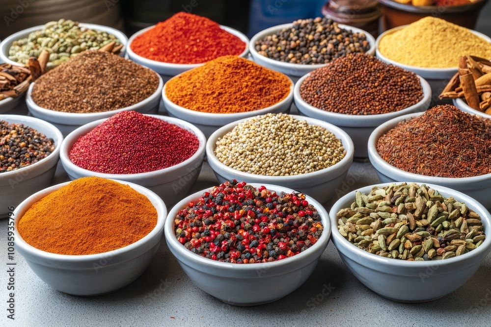 Vibrant Spice Collection in White Bowls Symmetrical Grid Pattern with Rich Textures and Warm Tones, Ideal for Culinary Concepts Vibrant Spice Collection in White Bowls Symmetrical Grid Pattern with Rich Textures and Warm Tones, Ideal for Culinary Concepts