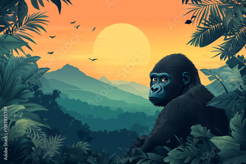 Gorilla Silhouette at Sunset Tropical Landscape