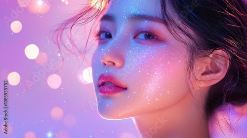 A close-up portrait of a woman with sparkling makeup, featuring a dreamy background of bokeh lights in soft pastel colors.