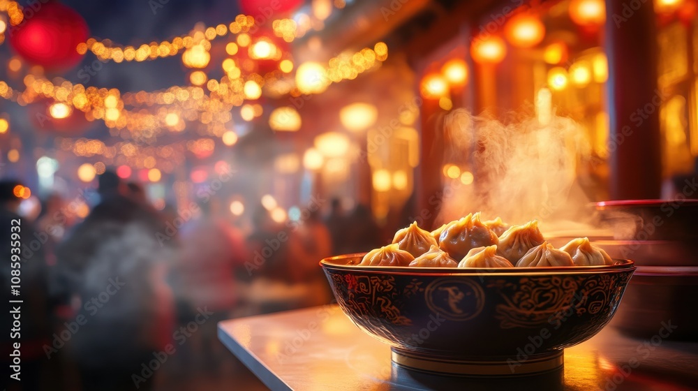 A traditional Chinese New Year feast, dumplings, noodles, and red decorations, cinematic view with festive lighting A traditional Chinese New Year feast, dumplings, noodles, and red decorations, cinematic view with festive lighting