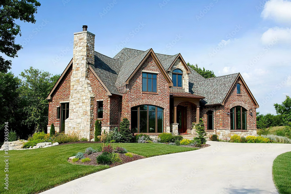 A beautiful home in the rustic and traditional style, featuring red brick walls with stone accents on one side of each wall, along with large windows that have black trim surrounding them. A beautiful home in the rustic and traditional style, featuring red brick walls with stone accents on one side of each wall, along with large windows that have black trim surrounding them.