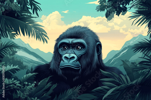 Gorilla Portrait Amidst Lush Tropical Foliage and Mountains