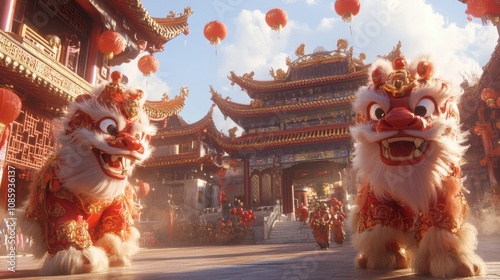 Lion dancers performing in front of a traditional temple, capturing the spirit of Chinese New Year celebrations