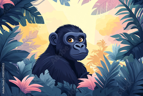 Young Gorilla Amidst Lush Tropical Foliage