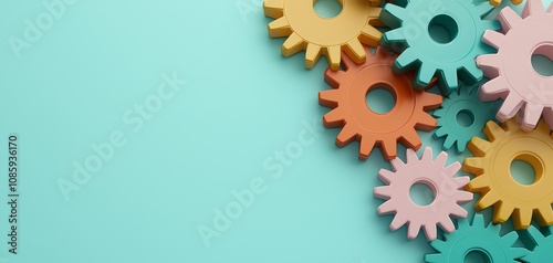 Whimsical Interconnected Cogwheels on Pastel Teal Background - Playful Machinery Concept in 3D Digital Illustration