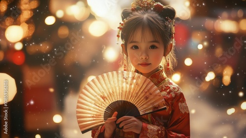 A young girl holding a traditional Chinese fan, surrounded by festive decorations, warm and cinematic feel