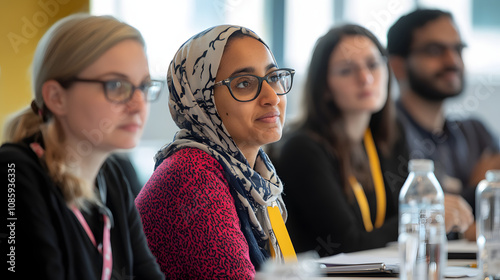 A diverse group of professionals attending a workshop on leadership and inclusivity participating in discussions.