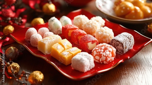 Traditional Chinese sweets on a red plate, symbolizing a sweet start to the New Year, warm lighting