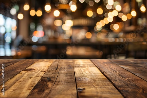 Empty wooden countertop in a modern kitchen with a window and blurred background 