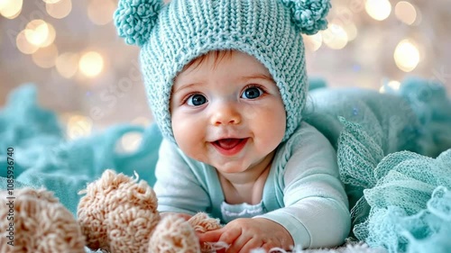 Adorable blue-eyed baby in knitted hat with fluffy pom poms smiling on soft blanket
