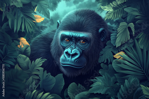 Gorilla Amidst Lush Tropical Foliage