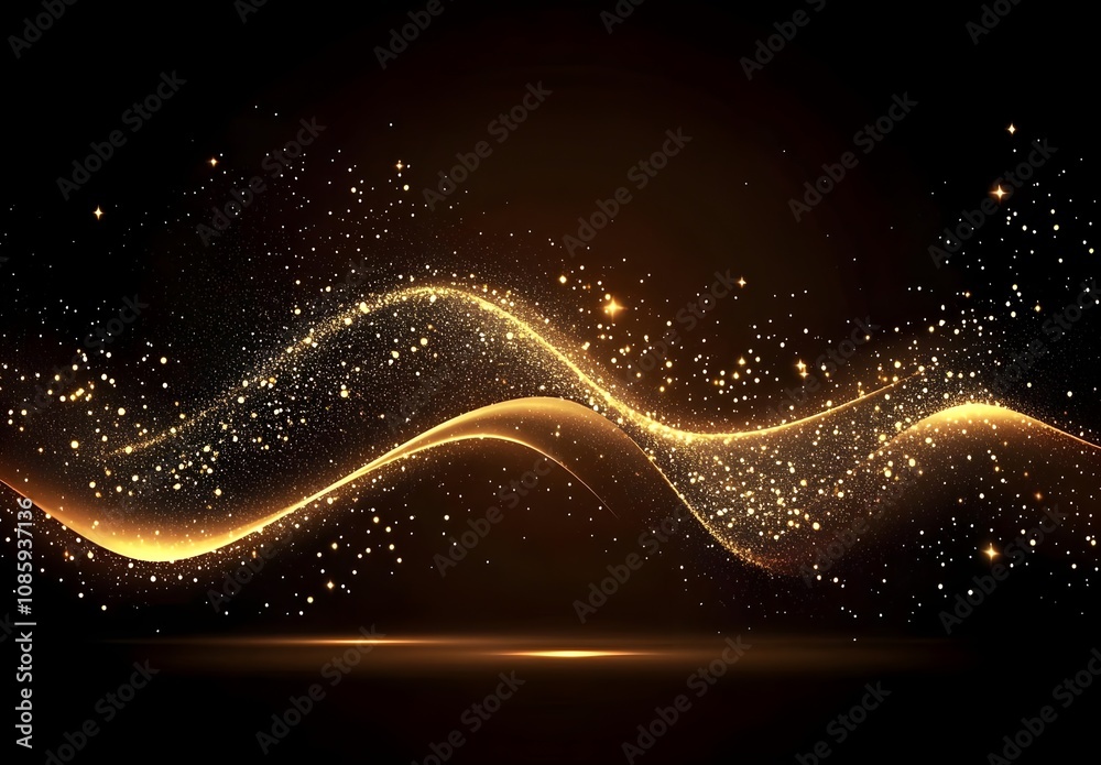 Elegant Golden Waves of Sparkling Light on a Dark Background, Ideal for Creating a Magical and Dreamy Atmosphere in Various Art Projects and Designs Elegant Golden Waves of Sparkling Light on a Dark Background, Ideal for Creating a Magical and Dreamy Atmosphere in Various Art Projects and Designs