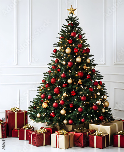 Elegant Christmas tree with gold and red decorations