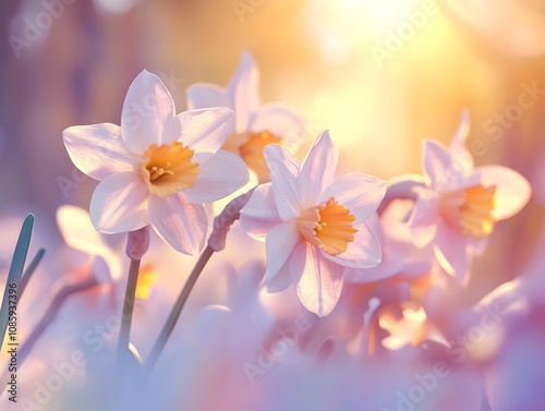 Soft sunlight illuminating delicate pink daffodils in a garden.