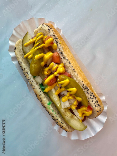 Chicago Style Hotdog With Pickle, Onion, Mustard, Peppers, And Tomato