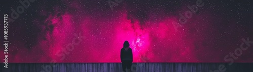 Silhouette of a person gazing at a vibrant pink night sky, evoking a sense of wonder and awe.