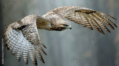 A majestic hawk with the body of a snake soaring gracefully over a misty forest landscape during dawn photo