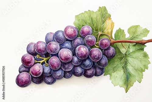 Watercolor Painting of a Lush Grape Bunch with Vine Leaf