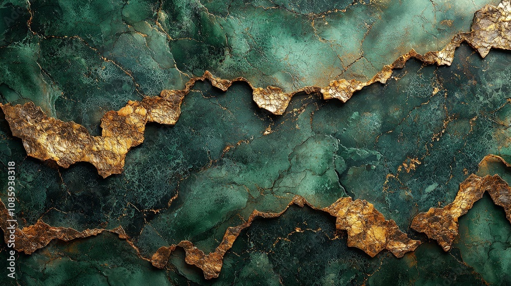 A textured green and gold marble surface with intricate patterns. A textured green and gold marble surface with intricate patterns.