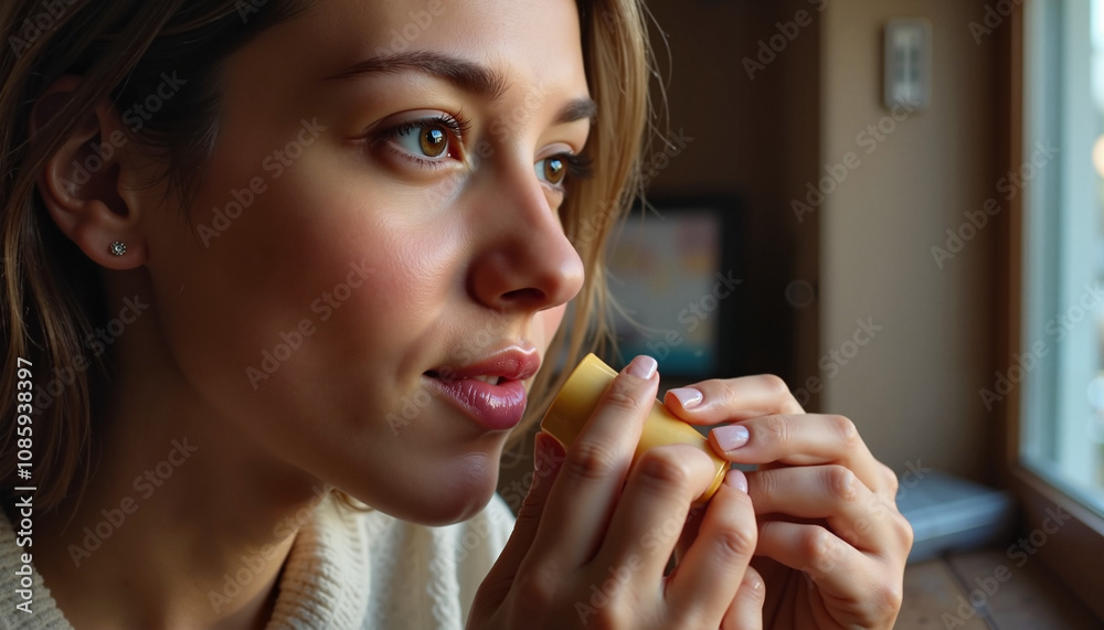 Young woman applying lip balm while looking out the window Young woman applying lip balm while looking out the window