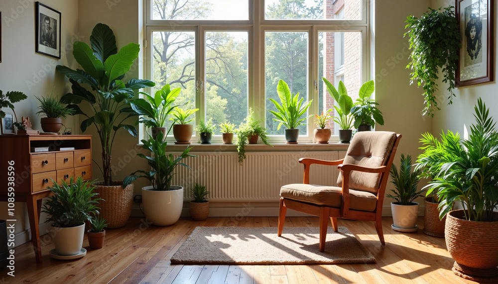 Cozy indoor space with chair and potted plants by sunny window Cozy indoor space with chair and potted plants by sunny window