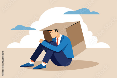 vector illustration of a sad man sitting under a cardboard box with a cloudy background