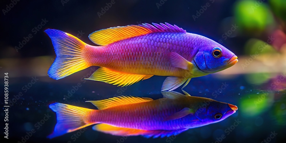 Colorful royal dottyback fish reflecting on water surface in aquarium Colorful royal dottyback fish reflecting on water surface in aquarium