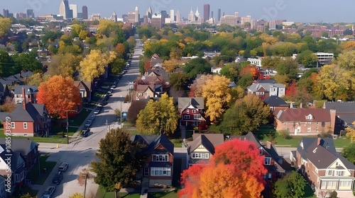 Aerial View of Vibrant Fall Foliage Over Residential Neighborhood with Urban Skyline in Background, Showcasing Colorful Trees and Charming Houses in Autumn