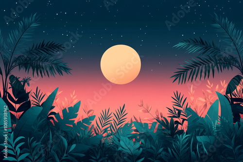 Tropical Night Scene with Full Moon and Lush Foliage