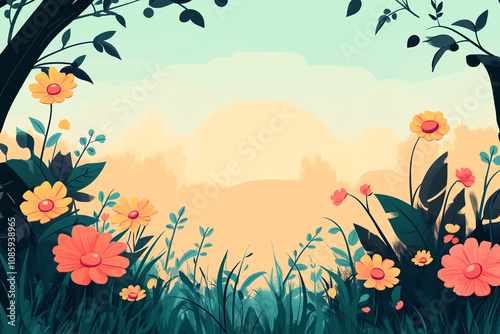 Vibrant Flowers Blossom in a Serene Sunset Landscape