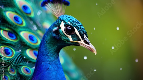 Close-up of a vibrant peacock with raindrops on its feathers, set against a green background photo