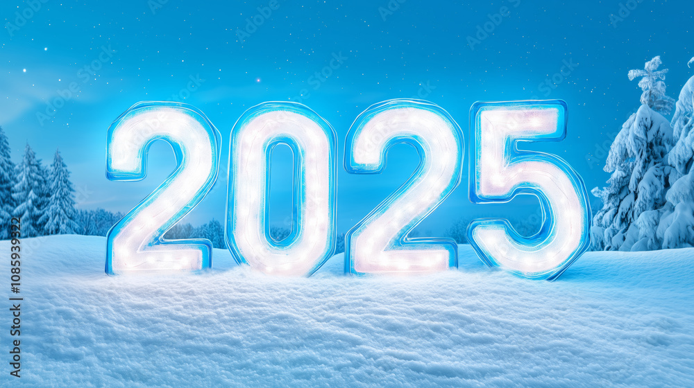 Bright and glowing 2025 sign against a snowy winter landscape with evergreen trees at twilight