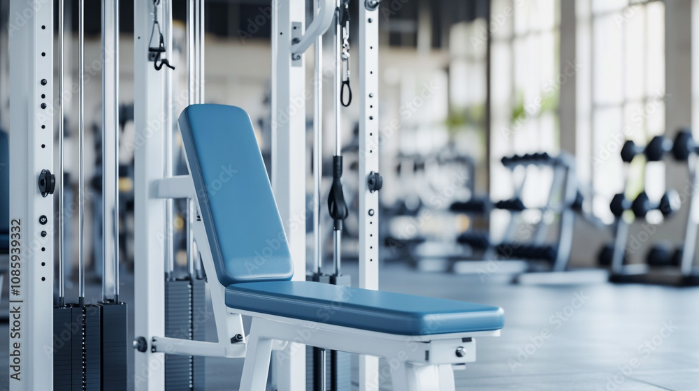 Fototapeta premium Modern Gym Equipment Blue Weight Bench Fitness Center Interior