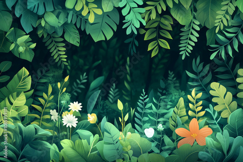 Lush Tropical Foliage With Vibrant Flowers