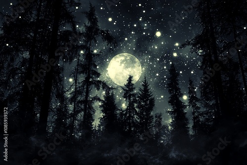 Enchanting night forest with a full moon illuminating the starry sky.