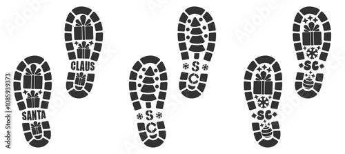 Set of Santa Claus footprints. Christmas and New Year concept. Santa Claus footsteps stencil isolated. Shoe sole prints with gifts, fir-tree, snowflakes and Santa initials. Vector illustration