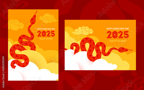 Chinese New Year 2025 designs set with snake in clouds, chinese zodiac symbol of lunar new year. Modern graphic art for greeting card, banner, poster, cover. Hieroglyph mean Snake. Vector illustration
